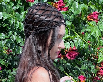 black sequin foral beanie hat/black flowercrochet mesh hat/black crochet mesh beanie with pailettes/black crochet lace hat/festival hat