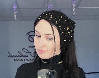 Black sequin Bandana: angora knit Triangle Headscarf/ black gold pailettes headscarf
