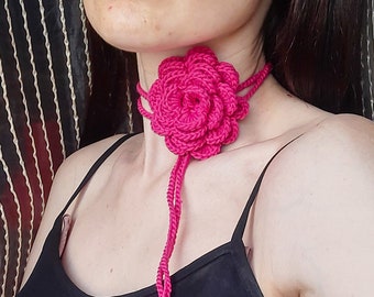 Fuchsia Crochet Rose Choker: Cotton Flower Necklace