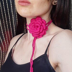 Fuchsia rose crochet choker/pink crochet rose necklace/crochet choker/crochet flower choker/crochet necklace/hot pink rose choker