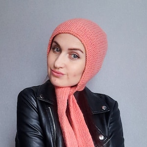 Coral Wool knit adult bonnet hat/knit bow tie bonnet/bow tie bonnet adult/peach knit wool hood/knit aviator hat/terracotta aviator bonnet