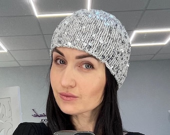 SilverGray sequins knit beanie hat/silver shiny knit cotton beany/knit cotton beanie pailette/sequins knit hat/hat with sparkles/shiny hat