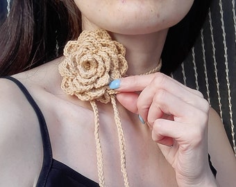 Crochet Rose Choker: Beige Cotton Flower Necklace
