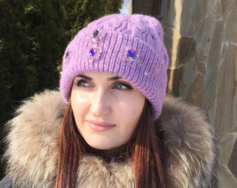 Pink Wool beanie for women/beaded pink beanie/women Knit pink hat/dusty rose wool hat/knitted wool alpaca beanie/women hat with crystal