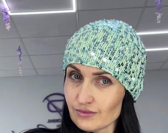 Light turquoise sequins knit beanie hat/tiffany shiny knit cotton beany/knit cotton beanie pailette/sequins knit hat/hat with sparkles