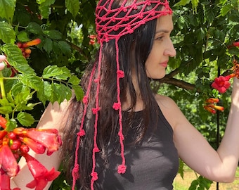 Pink crochet floral hat/croshet hat/pink crochet flower hat/crochet boho hat/crochet festival hat/boho hat/pink crochet skull hat/headpiece