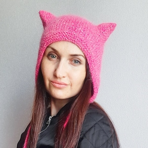 Cat ears knit adult bonnet hat/Pink knit cat ears bonnet hat/knit cat ears bonnet/hot pink cat ears bonnet adult /kitty knit bonnet adult