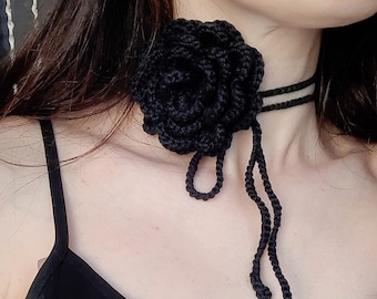 Black Rose Crochet Choker: Hand-Knit Cotton Necklace