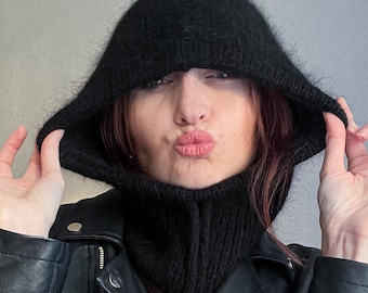 Black knitted hood/black angora balaclava/knit angora hood/knitted angora balaclava hat/warm hood/winter hood/black knit hood
