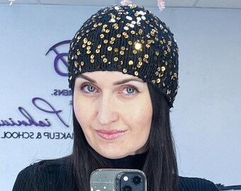 Black gold sequins knit beanie hat/black shiny knit cotton beany/knit cotton beanie pailettes/black sparkle knit hat/gatsby hat/shiny hat