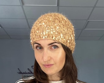 Golden Sequin Angora Knit Beanie: Sparkle Hat
