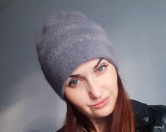 Gray Angora Knit Beanie with Sequins