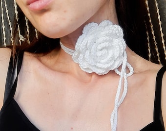 White Crochet Rose Choker Necklace
