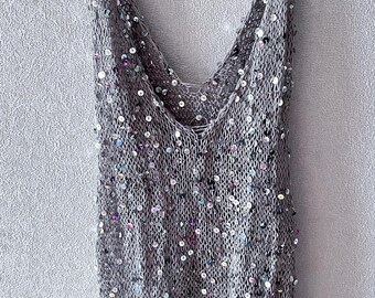 Silver grey knit mesh sequins top/knit sequin crop top/cotton knit sequin vest/shiny disco knit top/sparkly top/silver sparkly knit beach to