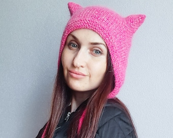 Cat ears knit adult bonnet hat/Pink knit cat ears bonnet hat/knit cat ears bonnet/hot pink cat ears bonnet adult /kitty knit bonnet adult