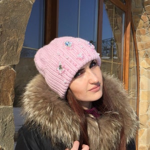 light pink wool beanie withCrystal/beaded pink beanie/chunky Knit pink hat for women/powder pink beanie/embroidered beanie/knitted wool hat