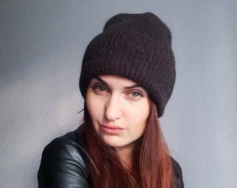 Hand Knit Angora Beanie: Dark Gray Glitter Fluffy Hat