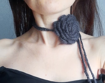 Angora Crochet Rose Choker: Dark Gray Flower Necklace