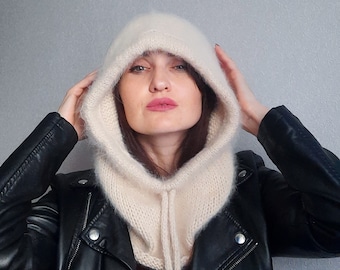 Light beige knitted angora hood/cream color knit angora hood/angora knitted balaclava/knitted angora hood/knit angora cowl/knit ivory hood