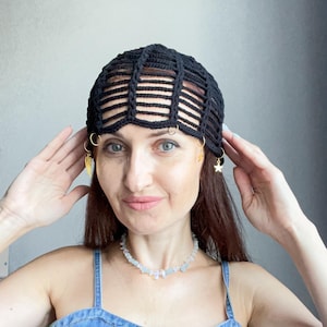 black crochet mesh beanie hat/black cotton lace hat/croshet net hat/crochet cotton hat/summer skull hat/boho crochet mesh hat