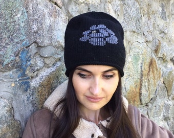 Black merino beanie with embroidery/merino wool beanie with embroidery roses/slouch black hat with embroidered rose/ukrainian embroidery hat