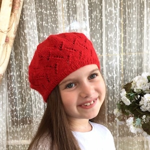 Girls Red knit beret /girl kidmohair beret/hand knit beret for girl/red kidmohair merino beret for baby girl/knit mohair beret toddler girl