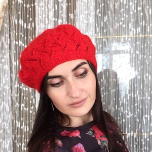 Red Knit Beret: Kid Mohair & Merino Wool, Women&#39;s French Style