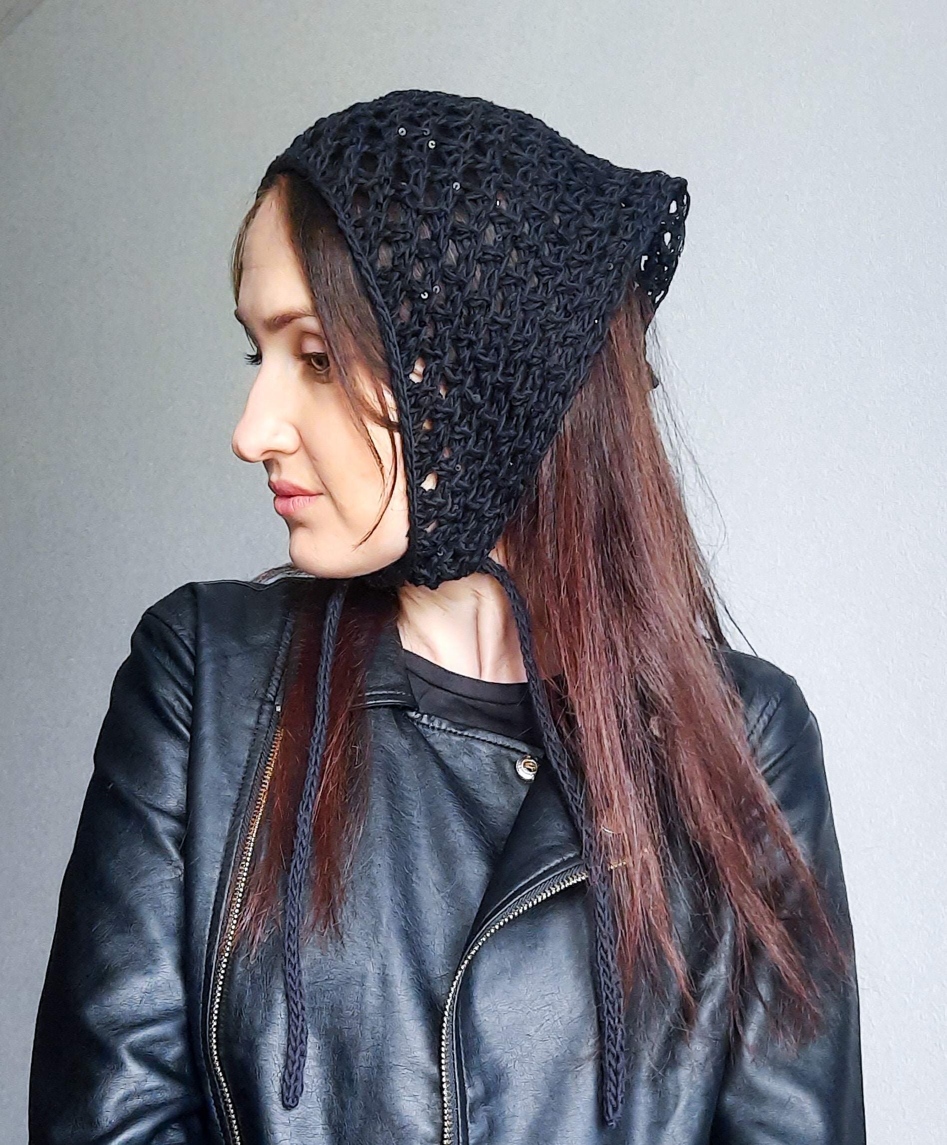 French Connection Knotted Sequin Knit Head Bandana Black Crochet Triangle Bandana With Sequins - Etsy main image 2