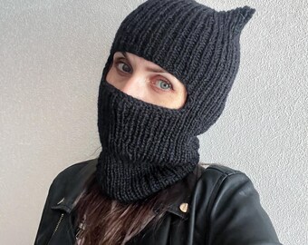 Black kitty alpaca merino balaclava hat/cat ears knit black hood/knitted merino hood/cat knitted balaclava hat/black knitted hood