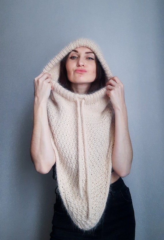 Beige Angora Knitted Hood/cream Color Knit Angora Cowl Scarf  display picture 1