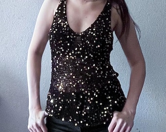 Black  Knit Crop Top with gold sequin / Boho Beach Top/black gold shiny top/ knit pailettes top/ festival top