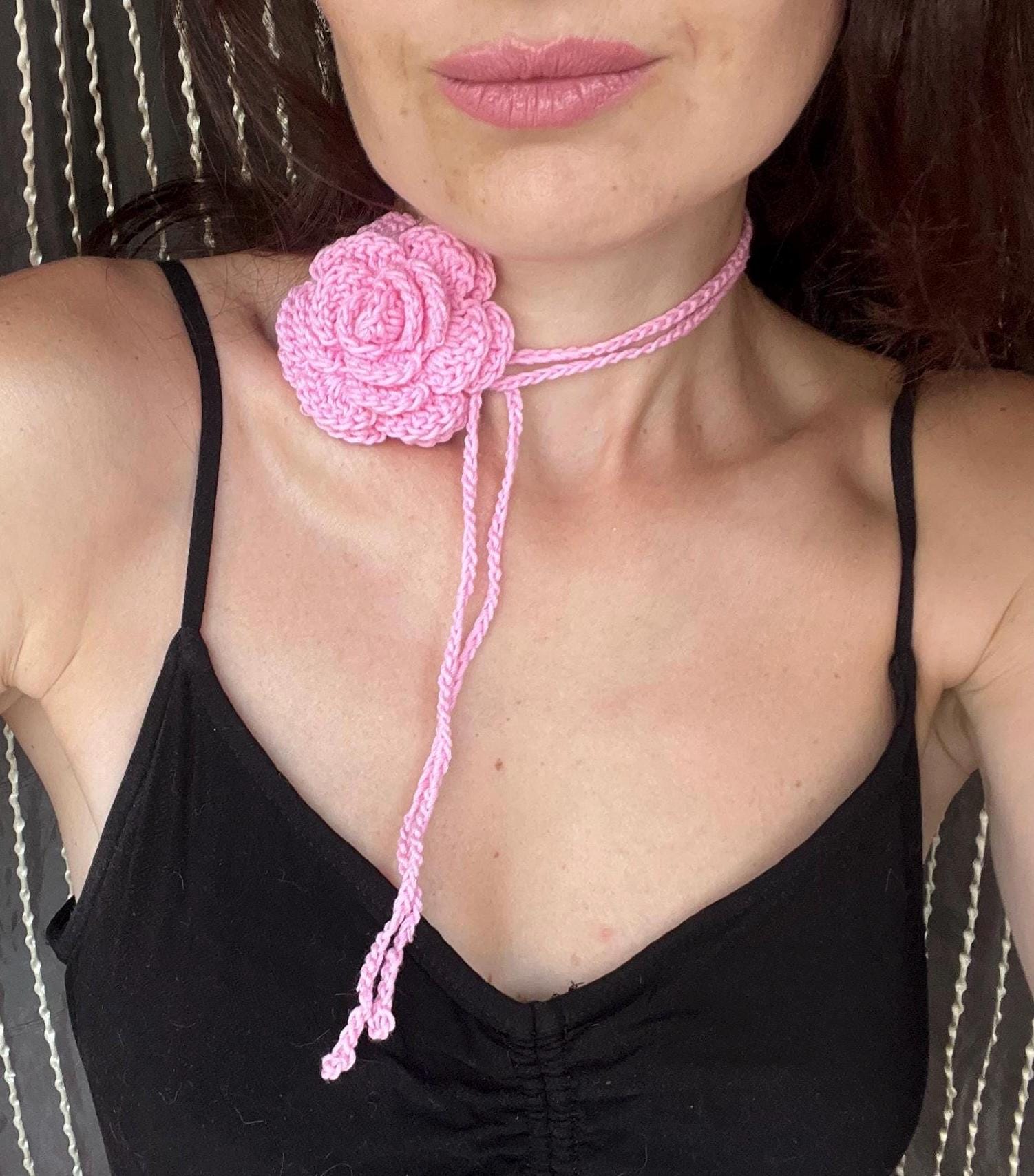 Pink Crochet Rose Choker: Organic Cotton Necklace - Etsy