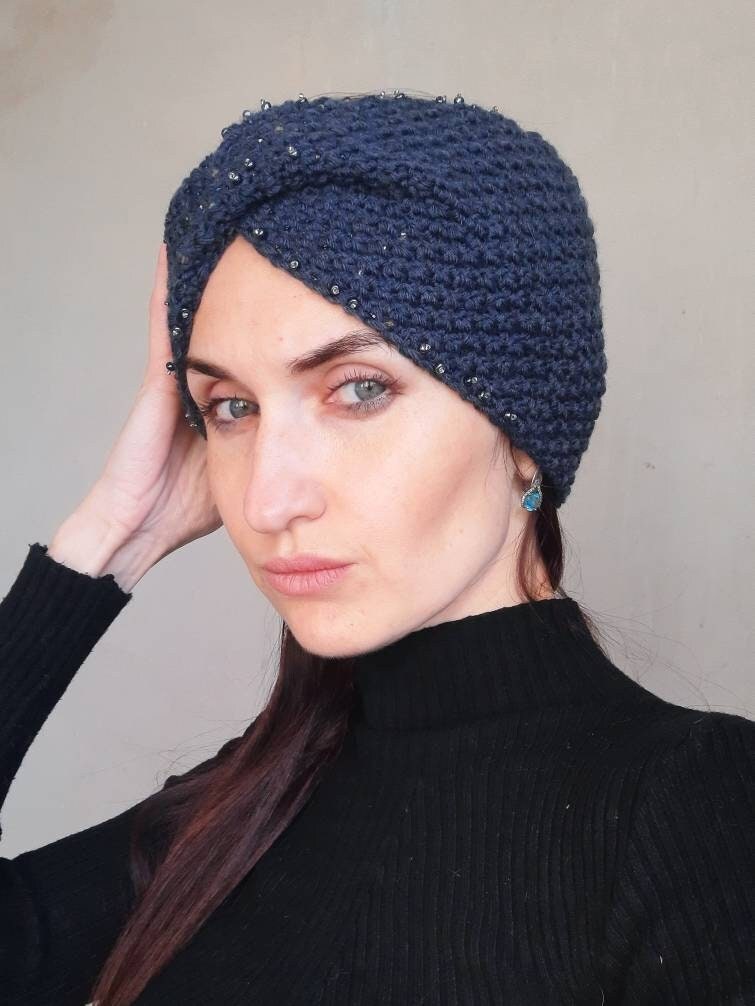 Knit Beaded Wool Headband: Navy Blue Turban Ear Warmer - Etsy