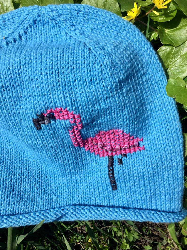 Flamingo Embroidered beanieGirls blue beanie hatknitted beanie hat for girlgirls hat with flamingo embroideryknit beanie hat for girl