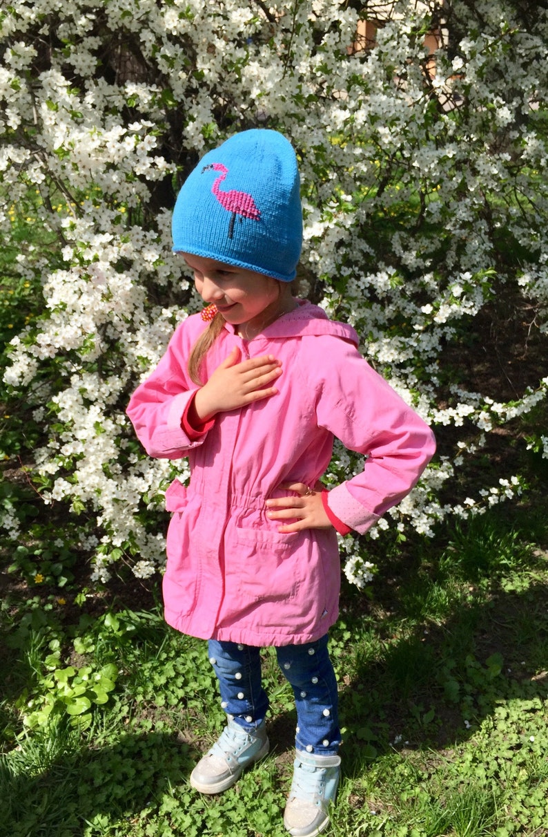 Flamingo Embroidered beanieGirls blue beanie hatknitted beanie hat for girlgirls hat with flamingo embroideryknit beanie hat for girl