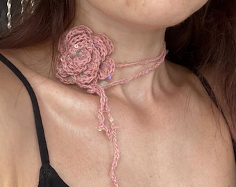 Dusty Rose Crochet Choker: Pink Sequin Rose Necklace