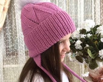 Girls Knit Winter Hat: Fuchsia Beanie with Fur Pompom