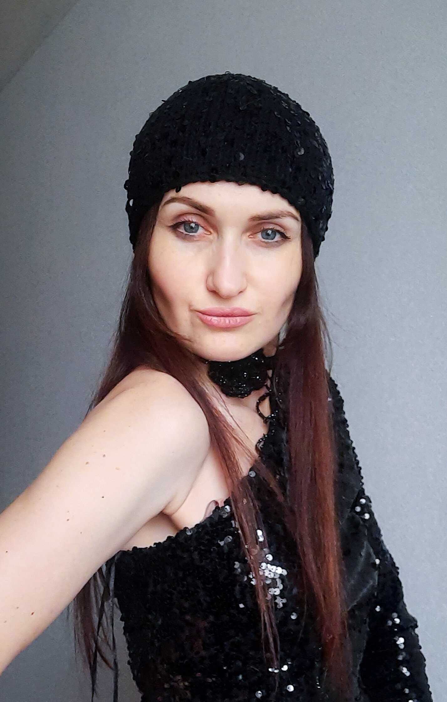 Black Sequins Knit Beanie Hat/black Shiny Knit Cotton Beany 
