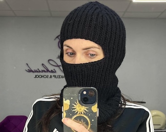 Black merino balaclava /knit black balaclava/knitted merino hood/knit men balaclava/black knitted hood