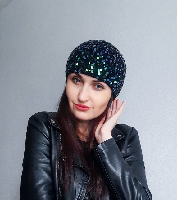 Black Sequins Knit Beanie Hat/black Shiny Knit Cotton Beany  display picture 3