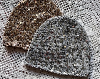 Golden beige sequins knit beanie hat/silver shiny cotton beany/knit cotton beanie pailette/ sequins hat/hat with sparkles/gatsby hat