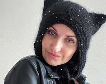Cat ears knit adult bonnet/kitty black pailettes knit angora bonnet adult/sequin kitty bonnet hat/kitten ears knit bonnet adult