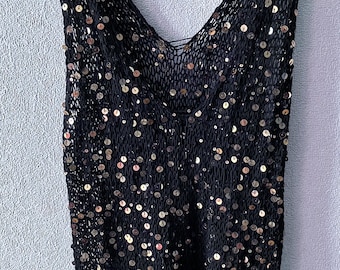 Gold black knit mesh sequins top/knit sequin crop top/party top/shiny disco knit top/sparkly top/black sequin knit beach top