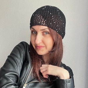 black crochet lace beanie hat/black crochet mesh hat/black crochet mesh beanie with pearls/black crochet lace hat pearls/summer skull hat