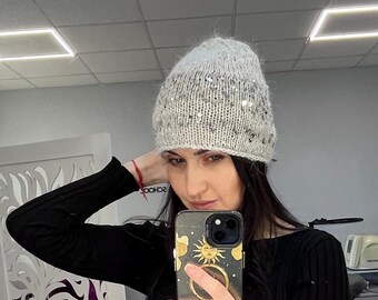 Gray silver sequins knit beanie hat/gray angora knit beany/angora knit beanie pailettes/gray sequins knit hat/hat with sparkles/shiny hat