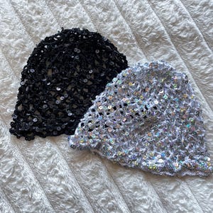 white crochet sequin mesh hat/croshet lace hat/black crochet net hat/crochet skull cap/crochet net beanie/ crochet skull hat/shiny hat