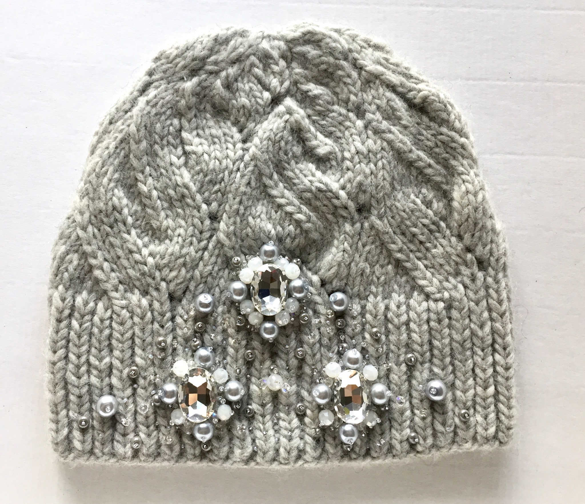 Hand-knitted Wool Beanie: Gray Crystal Beaded Hat - Etsy