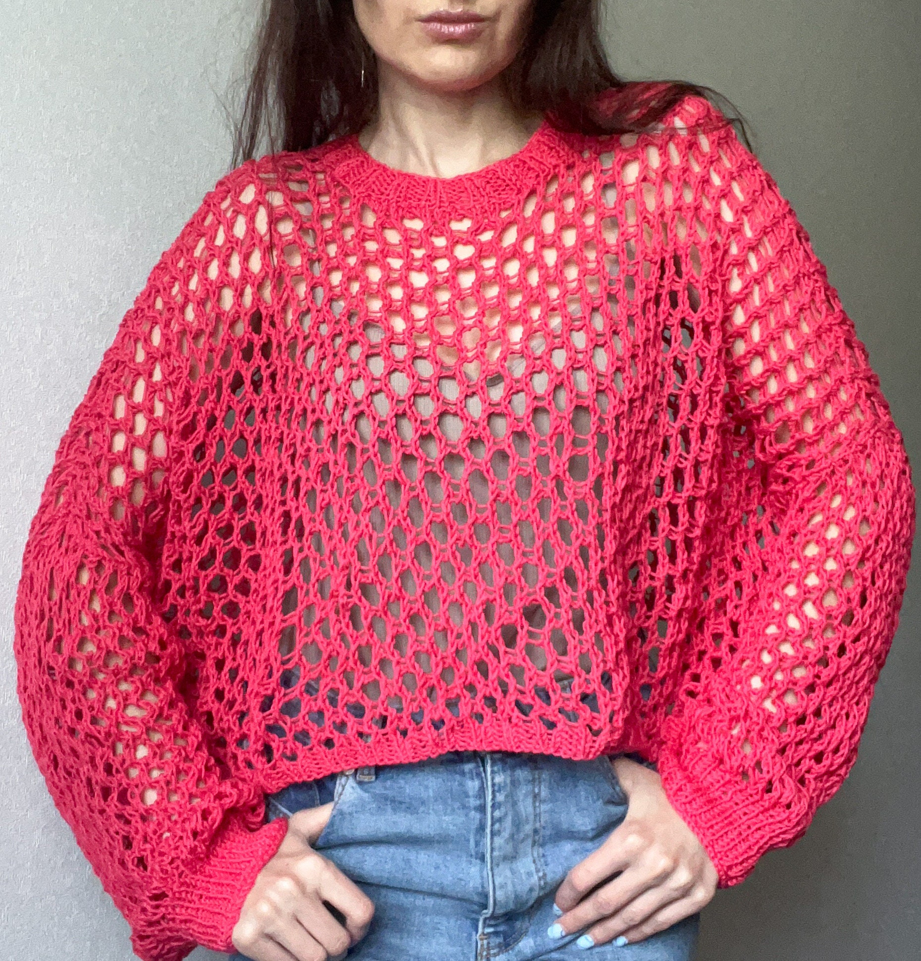 Hot Pink Knit Cotton Sweater/pink Knit Lace Sweater/oversized Knit  
