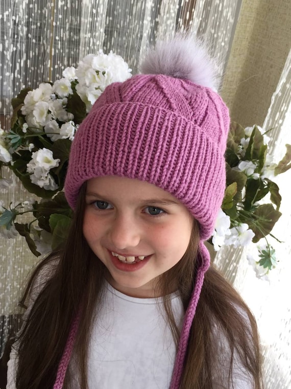 Girls Knit Winter Hat/knitted Beanie With Fur Pompom/toddler