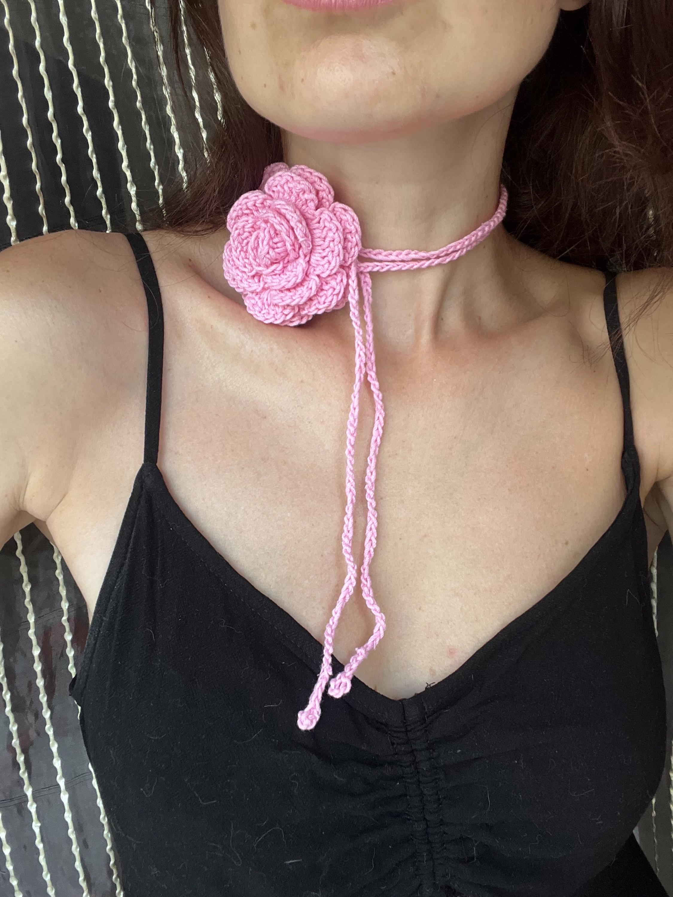 Pink Crochet Rose Choker: Organic Cotton Necklace - Etsy